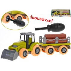 Traktor 28cm šroubovací volný chod s vlečkou a kládami v krabičce