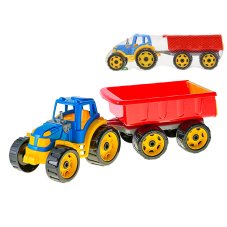 Traktor se sklápěcím přívěsem 54cm modro/červený v síťce