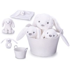 Zajíček plyšový 20cm bílý sedící s chrastítkem 13cm a usínáčkem v košíku 0m+ v sáčku