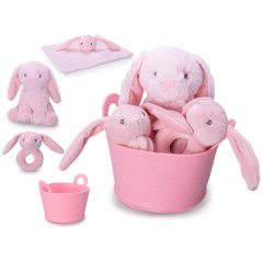 Zajíček plyšový 20cm růžový sedící s chrastítkem 13cm a usínáčkem v košíku 0m+ v sáčku