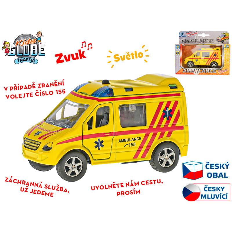 Kids Globe Traffic ambulance CZ 11cm kov zpětný chod na baterie česky mluvící se světlem